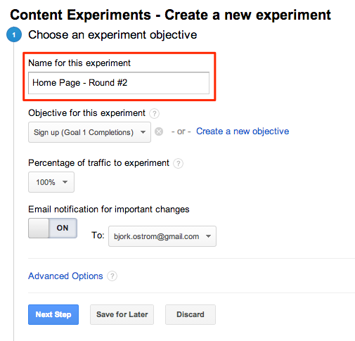 Name your Google Experiment