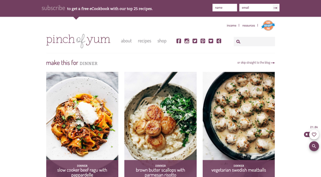 A screenshot of the Pinch of Yum homepage