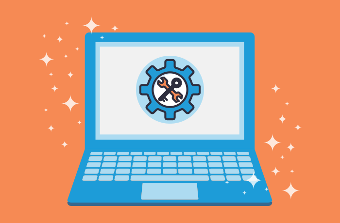 a picture of a computer with a gear icon the screen against an orange background