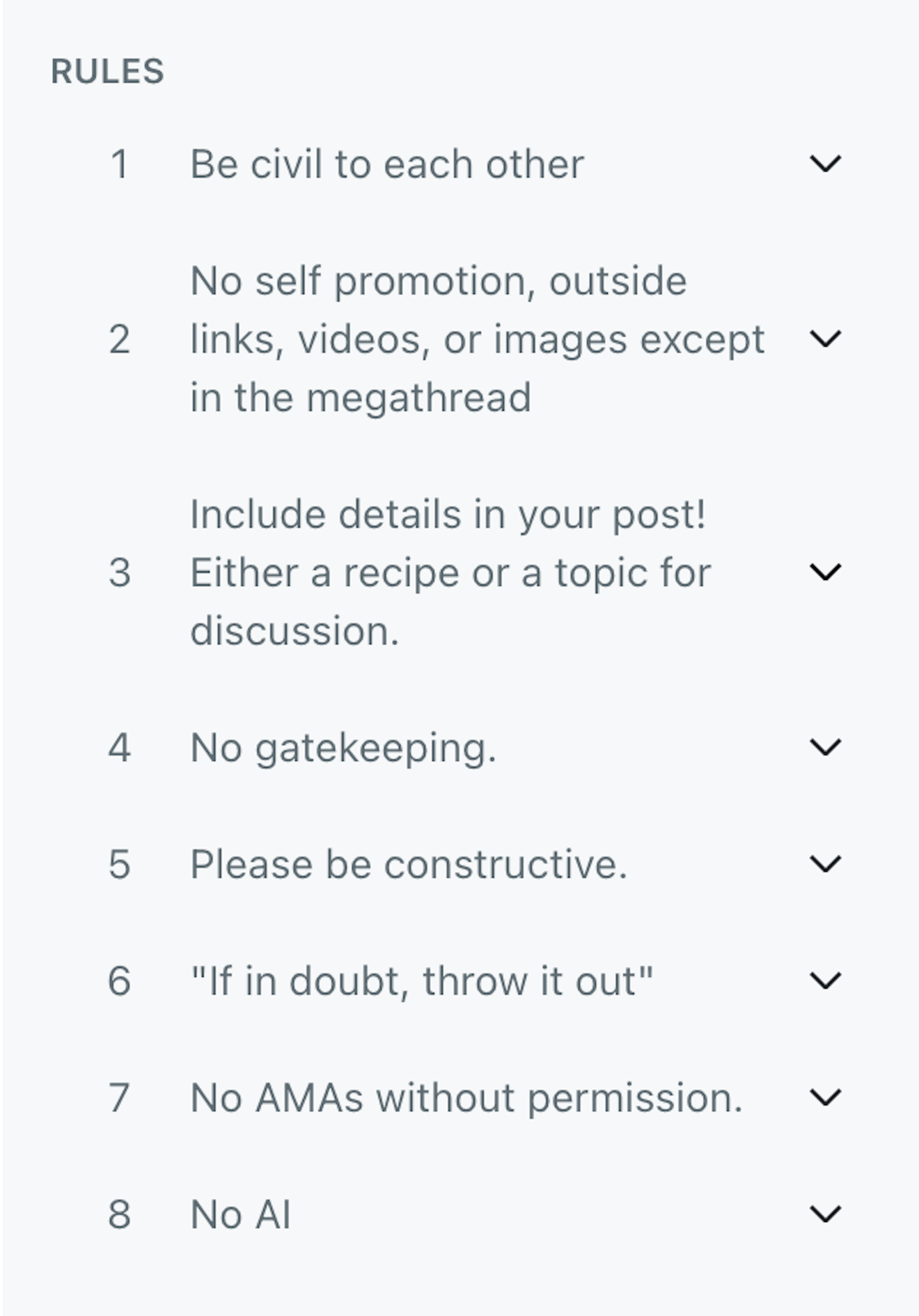 A screenshot of the rules for r/cookingforbeginners.