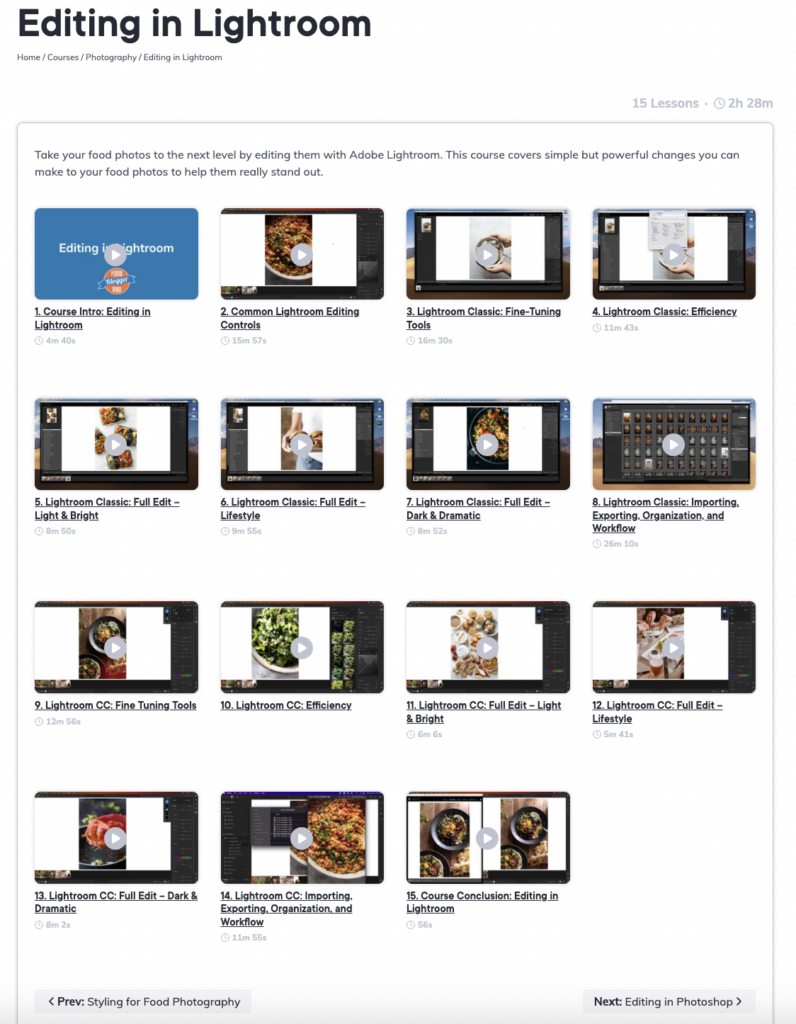 A screenshot of the Editing in Lightroom course lessons on Food Blogger Pro.