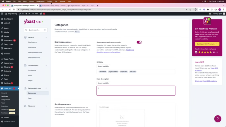 the categories and tags settings on Yoast SEO