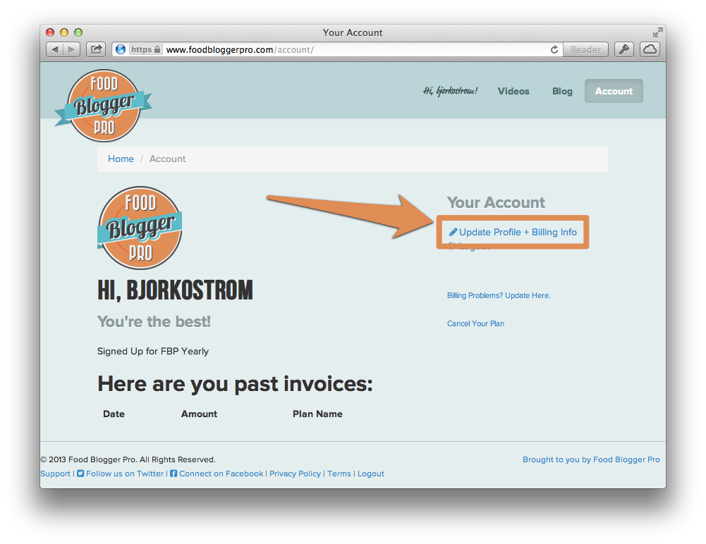 Screenshot of Food Blogger Pro account page with 'Update Profile - Billing Info' outlined in orange with an arrow pointing to it