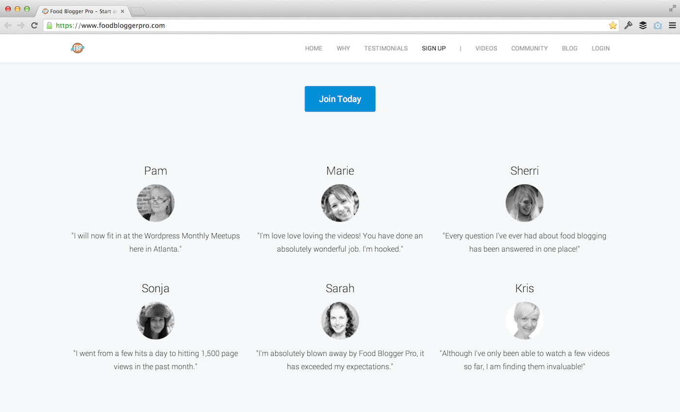 Testimonials by the call to action on foodbloggerpro.com