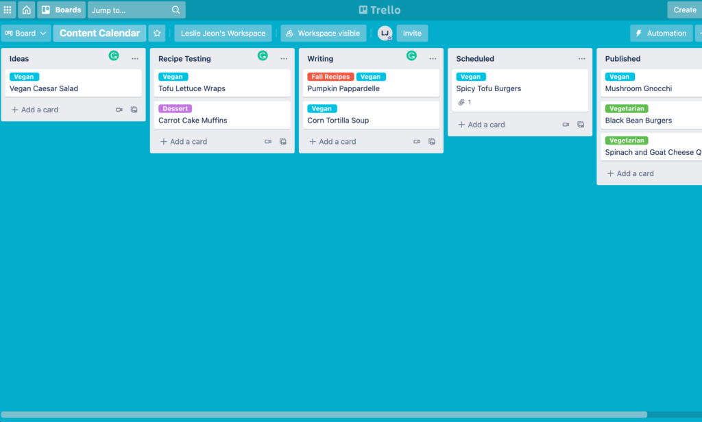 Screenshot of a content calendar board in Trello