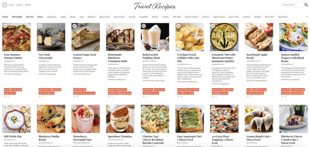Screenshot of the Trivet Recipes homepage.