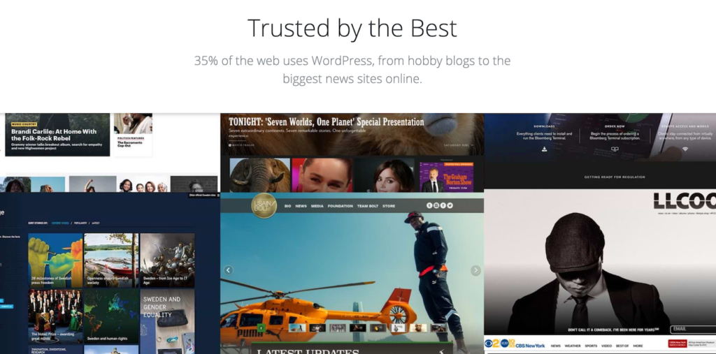 A screenshot of the WordPress website that says they power 35% of the internet